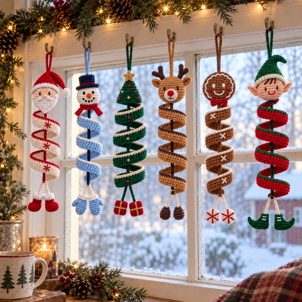 Santa, Snowman, Evergreen Tree, Reindeer, Gingerbread and Elf crochet spiral ornaments hanging from hooks along a garland-draped window.