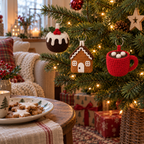 Christmas Pudding, Gingerbread House and red Hot Cocoa Mug crochet ornaments hanging on a Christmas tree beside a plate of cookies.