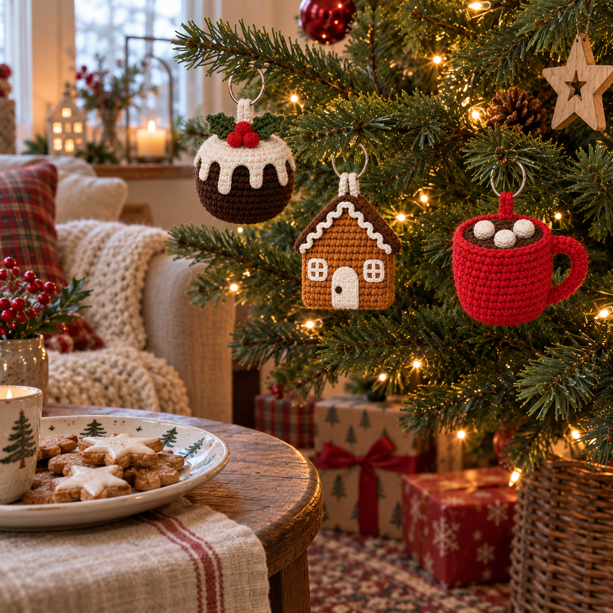 Christmas Pudding, Gingerbread House and red Hot Cocoa Mug crochet ornaments hanging on a Christmas tree beside a plate of cookies.