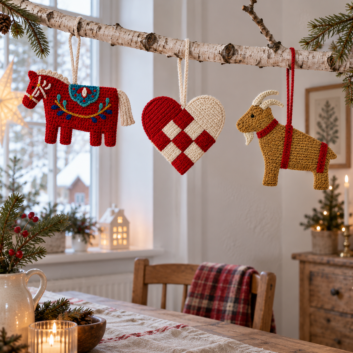 A red Dala Horse, red-and-ivory woven Heart and straw-coloured Yule Goat crochet ornament hanging from a birch branch in a white Scandinavian-style room.