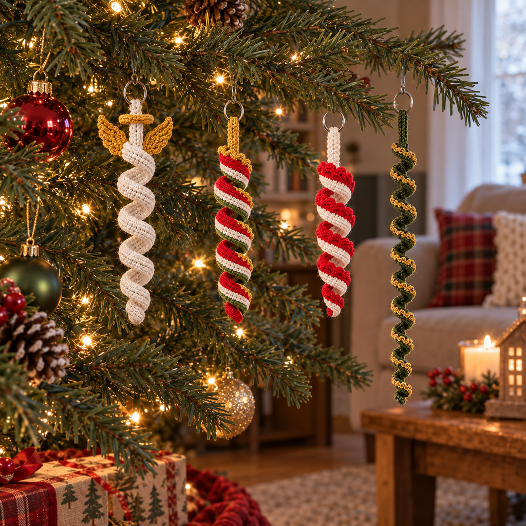 Angel, Festive Stripe, Peppermint and Tinsel Drop crochet twisted ribbon ornaments hanging on a Christmas tree.