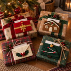 Wrapped Present, Gingerbread House, Holly Envelope and Christmas Tree crochet gift card holders resting on four wrapped gifts under a tree.