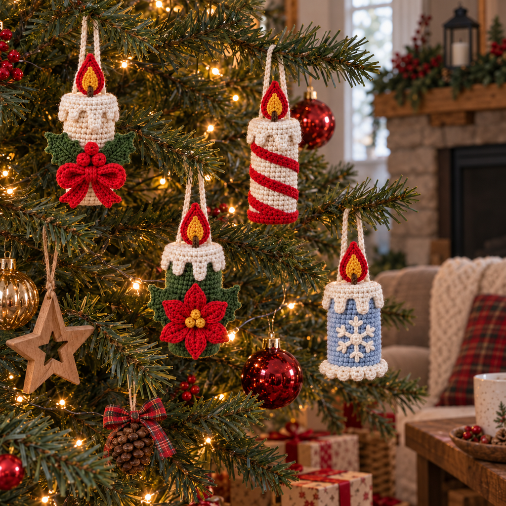 Holly Bow, Peppermint, Poinsettia and Snowflake crochet candle ornaments hanging on a Christmas tree.