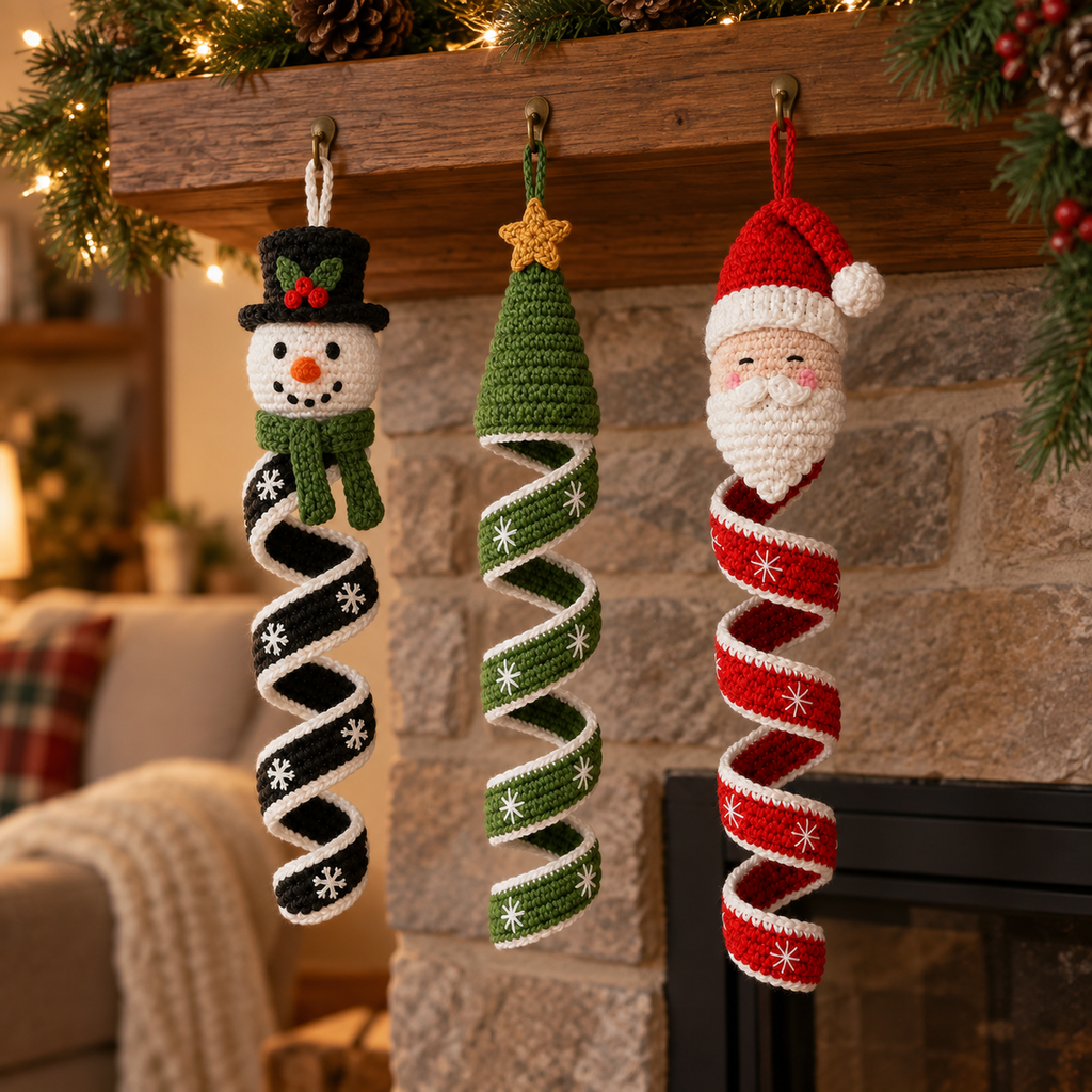 Snowman, Christmas tree and Santa crochet wind spinners hanging beneath a wooden mantel decorated with evergreen garland.