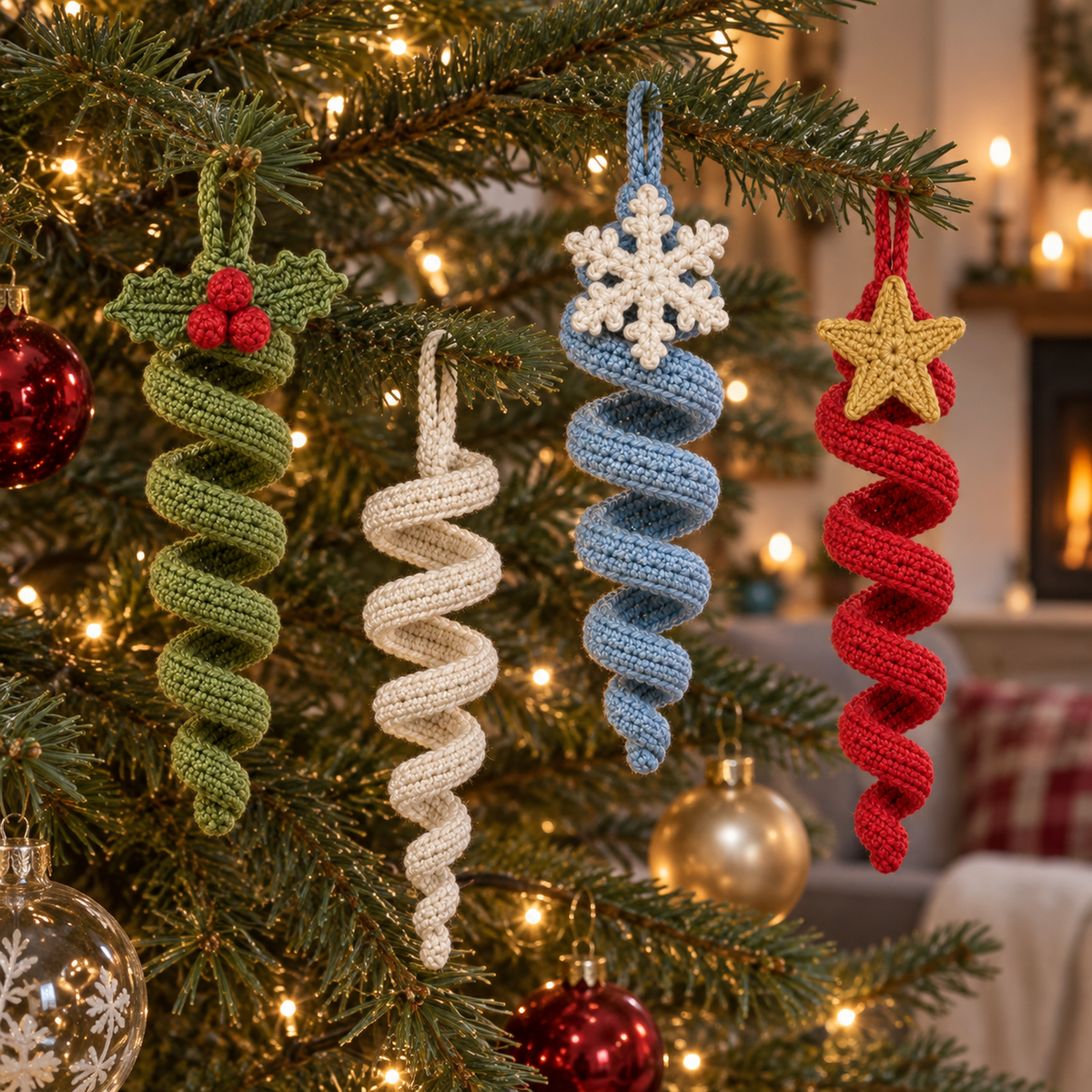 Holly, Icicle, Snowflake and Star crochet spiral ornaments hanging on a Christmas tree.