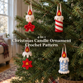 Four crochet candle ornaments with holly bow, peppermint stripe, red poinsettia and white snowflake decorations hang on a Christmas tree beside a window, with the pattern title across the centre.