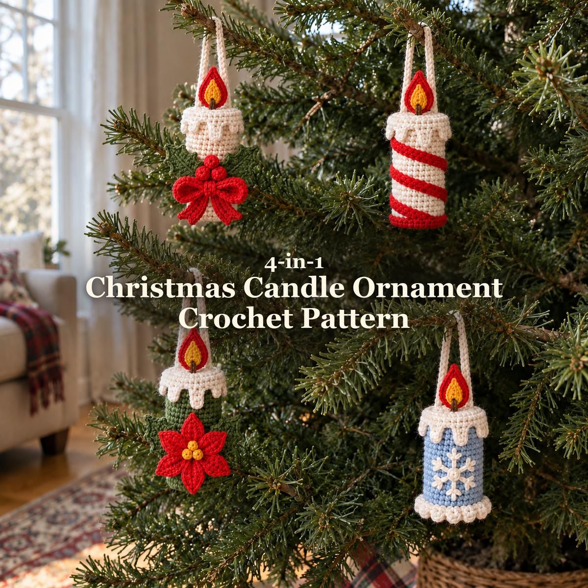 Four crochet candle ornaments with holly bow, peppermint stripe, red poinsettia and white snowflake decorations hang on a Christmas tree beside a window, with the pattern title across the centre.