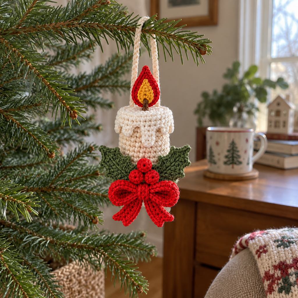 An ivory crochet candle ornament with green holly leaves, red berries and a red bow hangs from a Christmas tree branch beside a wooden table and mug.