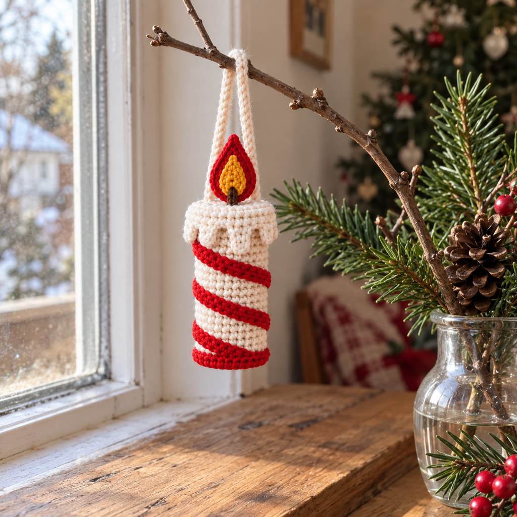A white crochet candle ornament with a raised red spiral stripe hangs from a twig above a wooden windowsill beside a glass vase of greenery.