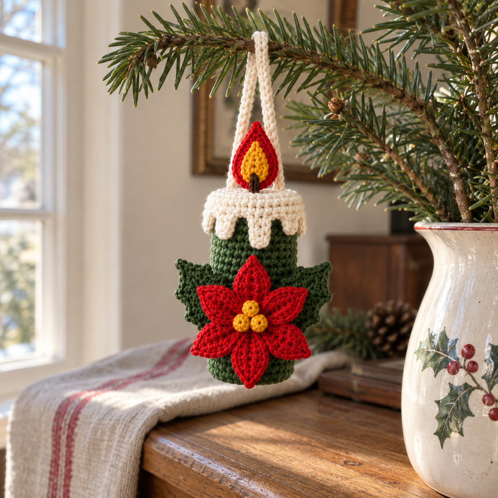 A green crochet candle ornament with a red poinsettia and yellow centre hangs from an evergreen branch beside a ceramic vase on a wooden sideboard.