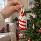 An adult hand holds the crocheted hanging loop of a white candle ornament with a red spiral stripe in a Christmas living room.