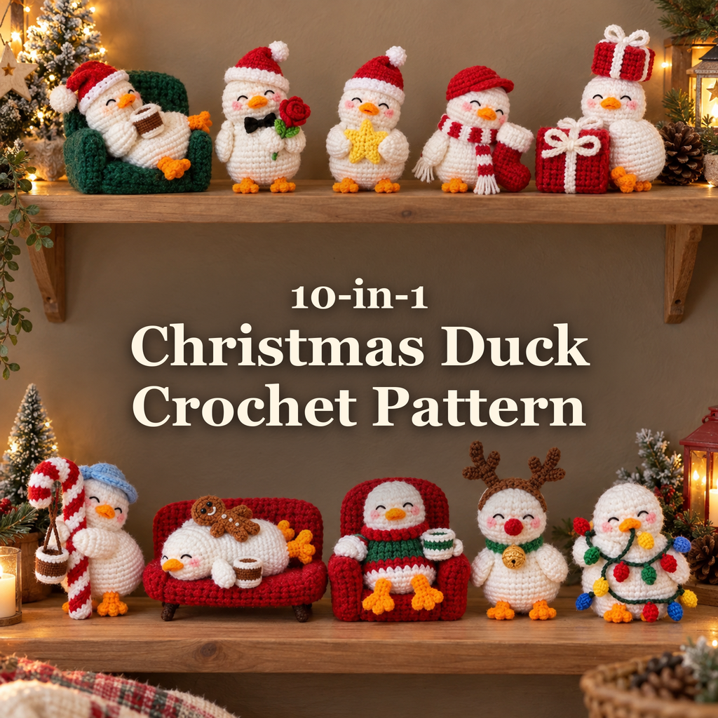 Ten Christmas crochet duck designs on wooden shelves with the title 10-in-1 Christmas Duck Crochet Pattern.