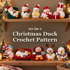 Ten Christmas crochet duck designs on wooden shelves with the title 10-in-1 Christmas Duck Crochet Pattern.