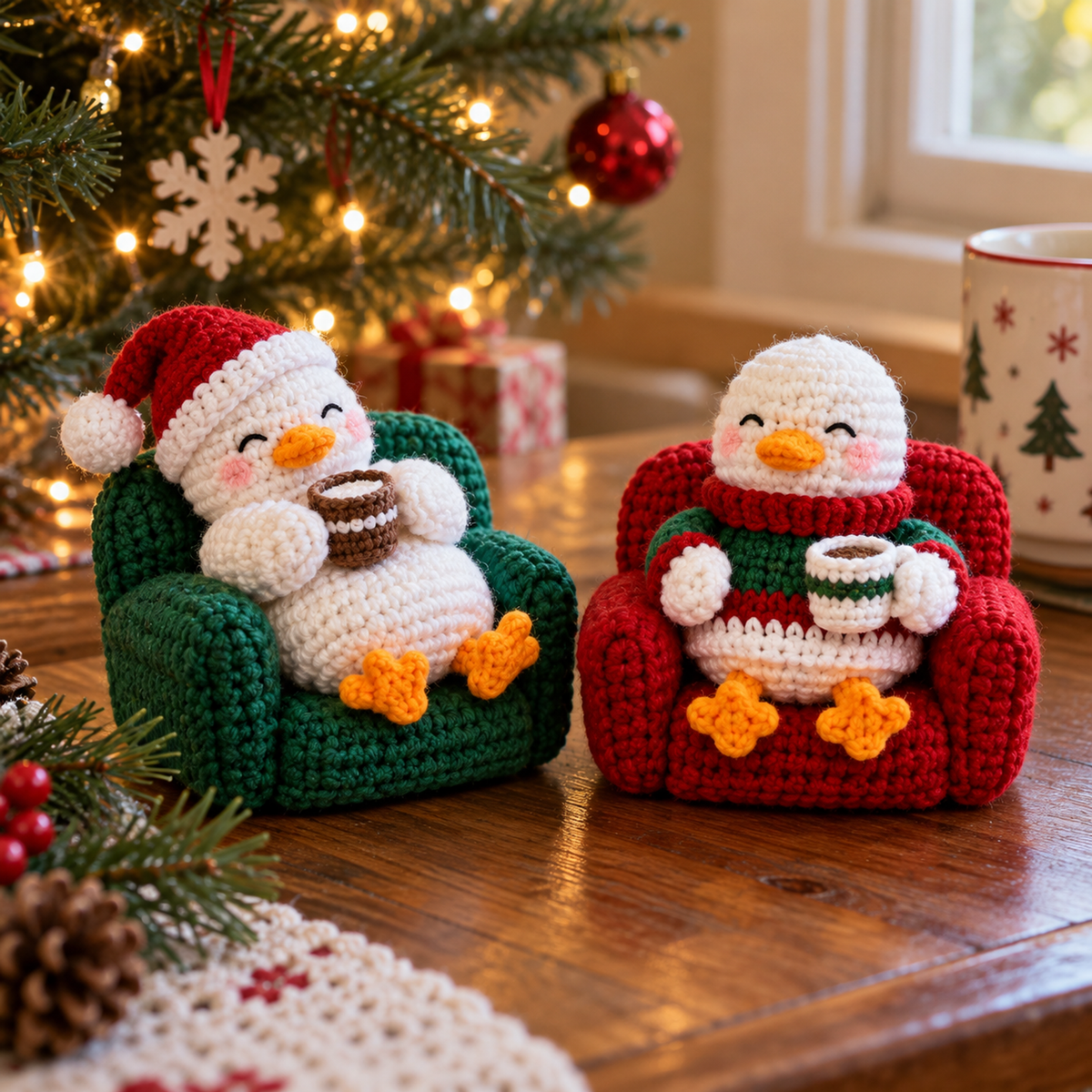 A duck reclining in a green crochet armchair beside a duck wearing a Christmas jumper in a red armchair.