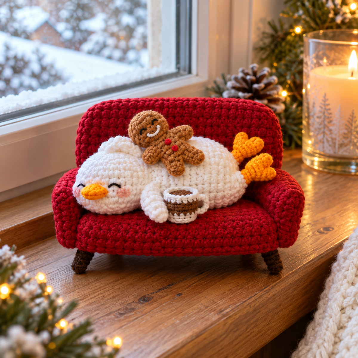 A duck lying on a red crochet sofa with raised feet, a gingerbread cookie and a cocoa mug by a snowy window.