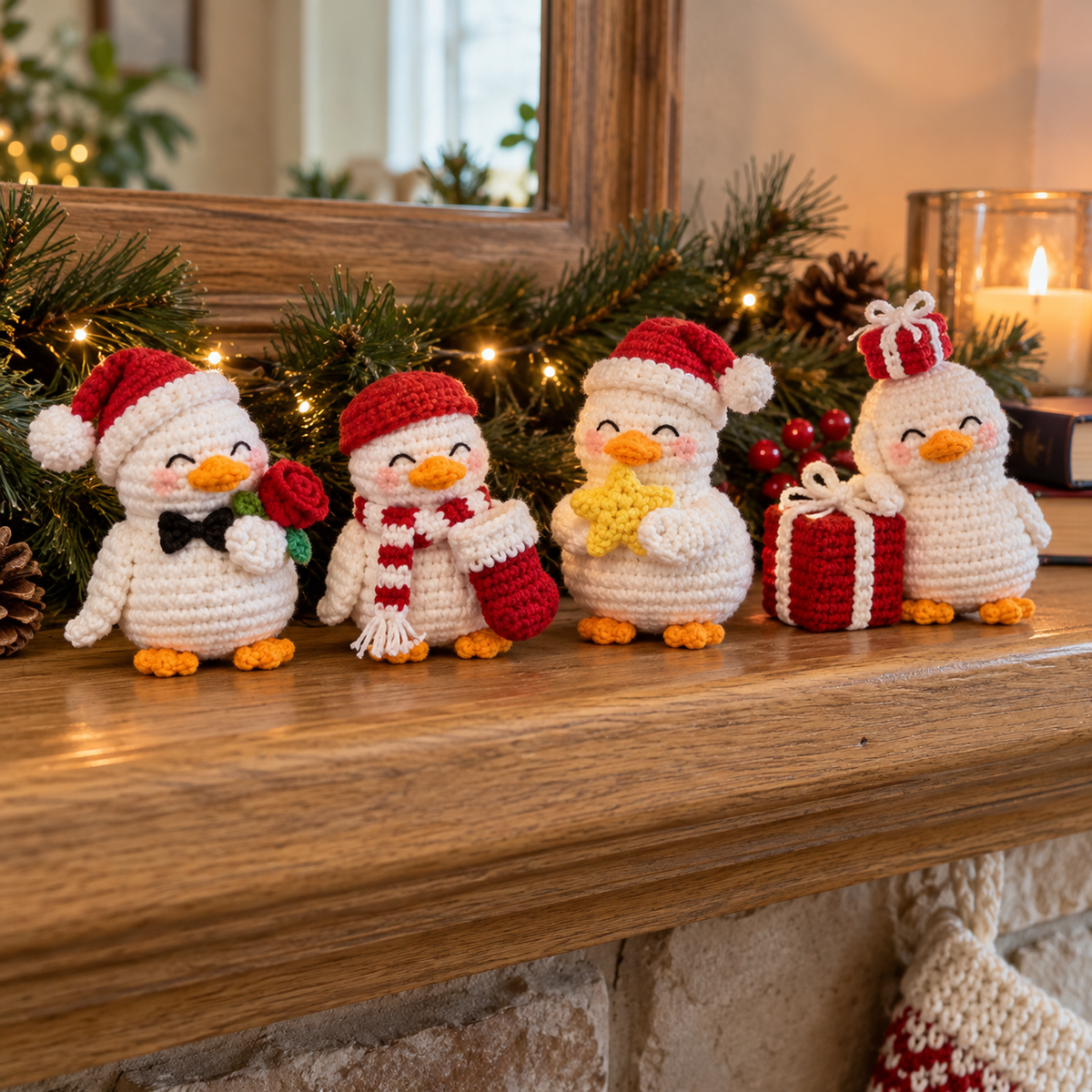 Stocking, Gentleman, Star and Gift crochet ducks displayed on a wooden mantel with Christmas greenery.