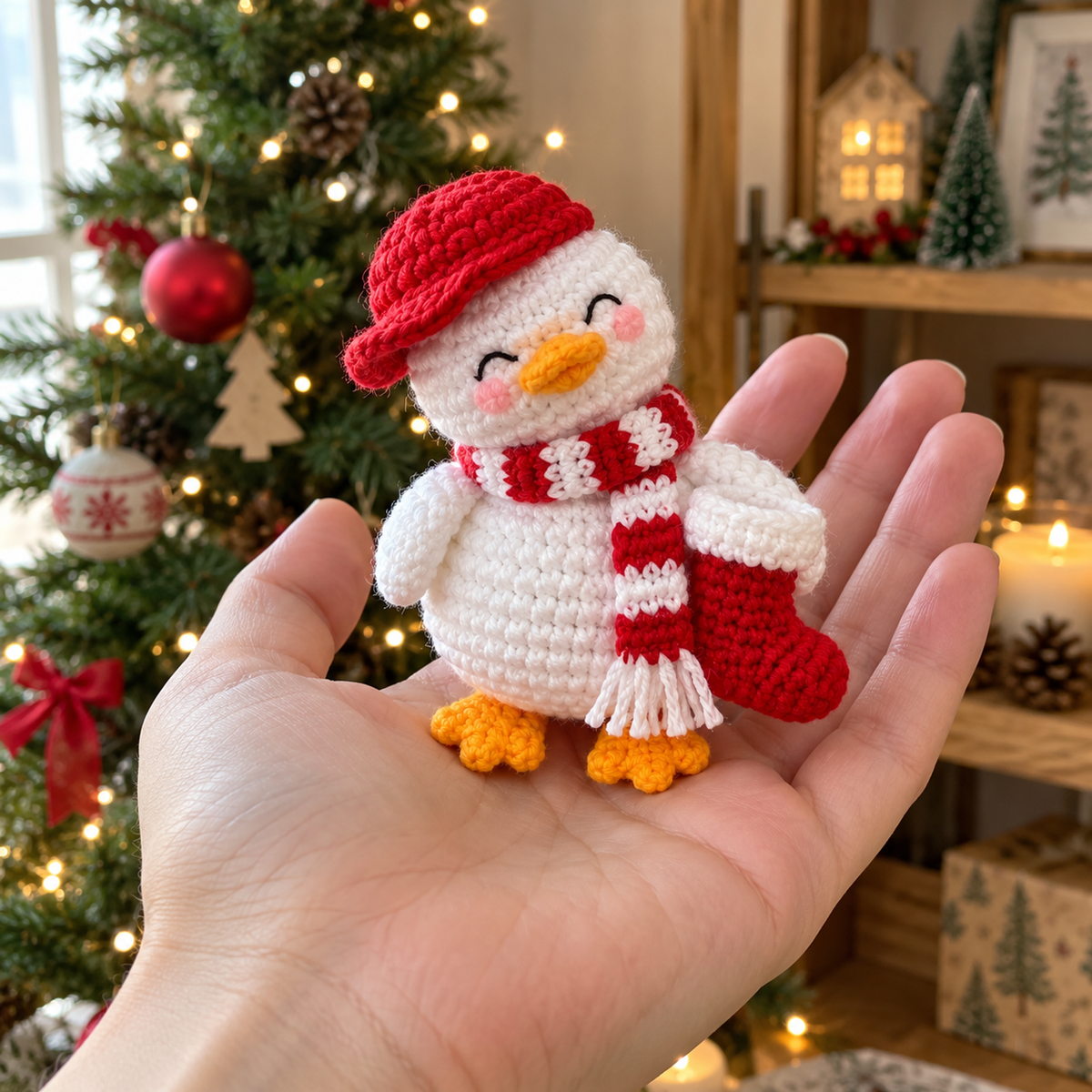 A small white crochet duck with a red cap, striped scarf and Christmas stocking held in an adult palm.