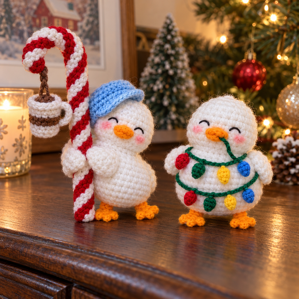 A blue-capped duck beside a striped candy cane and hanging cup, with another duck wrapped in eight coloured yarn bulbs.