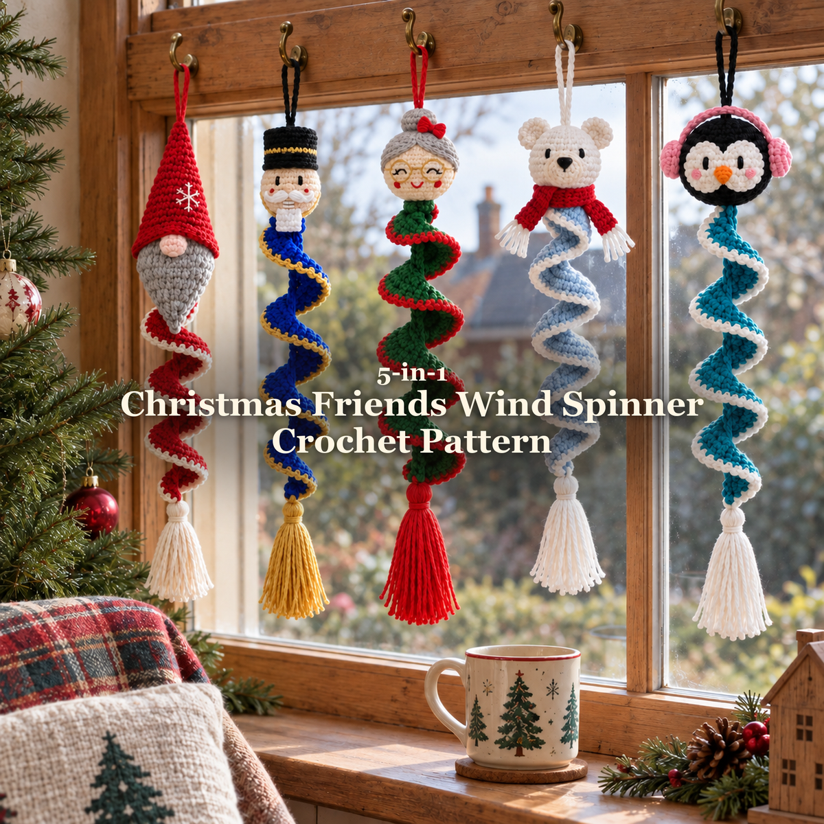 Five Christmas Friends crochet wind spinners hang from hooks across a wooden window, with a Christmas tree and a mug beside them.