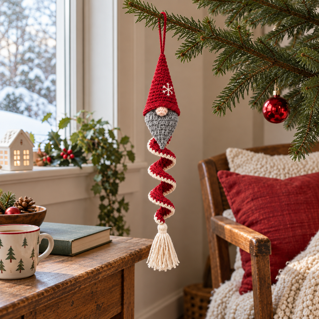 A red-hatted Nordic gnome with a grey beard, red and cream spiral ruffle and cream tassel hangs from an evergreen branch beside a window.