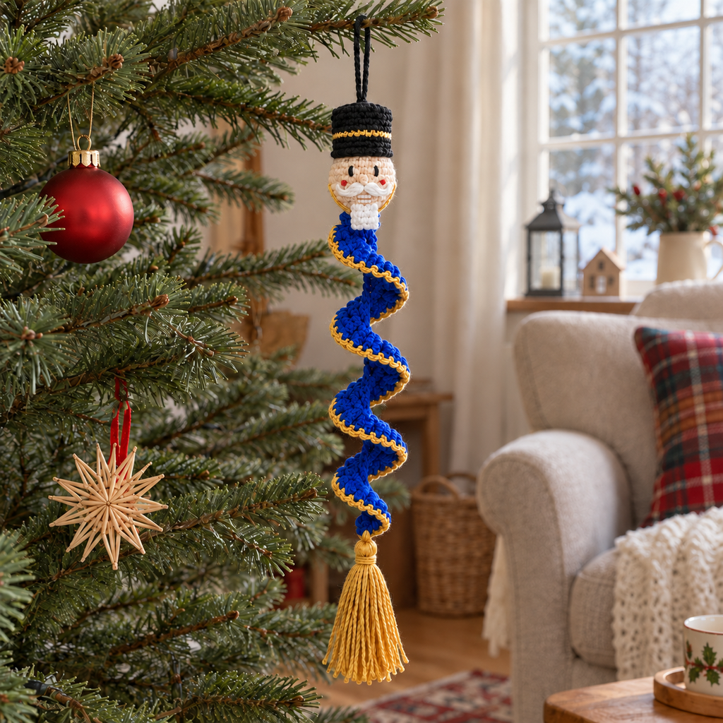 A crochet nutcracker in a black hat hangs on a Christmas tree, with a blue ruffle trimmed in gold and a gold tassel.