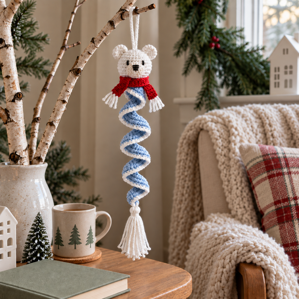 A white crochet polar bear wearing a red scarf hangs from a birch branch above a side table, with a pale blue and white ruffle and white tassel.