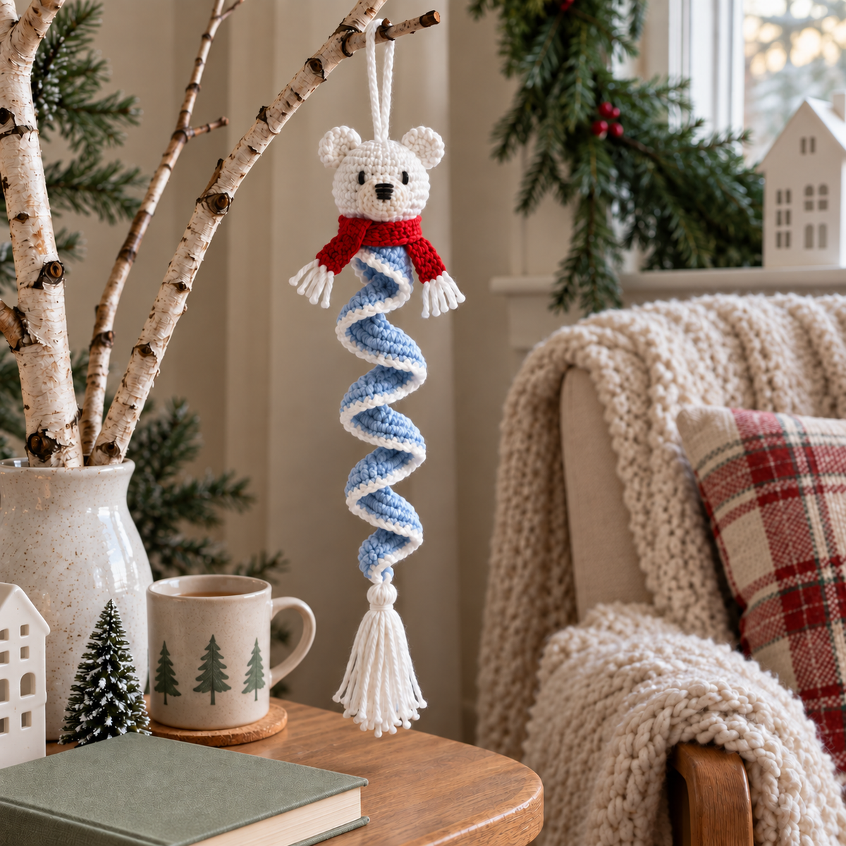 A white crochet polar bear wearing a red scarf hangs from a birch branch above a side table, with a pale blue and white ruffle and white tassel.