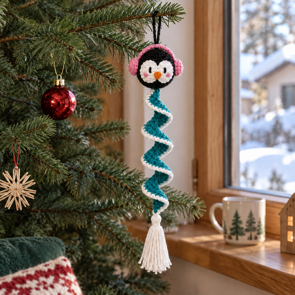 A black and white crochet penguin in pink earmuffs hangs on a Christmas tree beside a window, with a teal and white ruffle and white tassel.