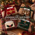 Four Christmas crochet gift card holders with blank cards tucked onto wrapped gifts beneath a lit tree, with the product title across the centre.