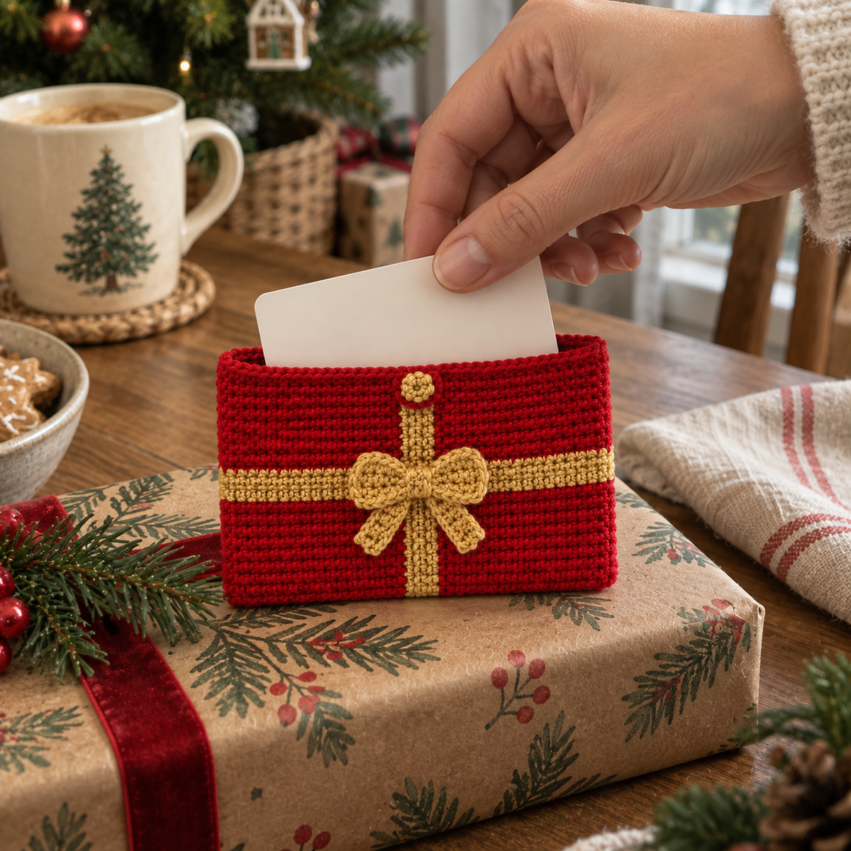 An adult hand slides a blank card into a red crochet gift card holder with a gold bow on a wrapped present.