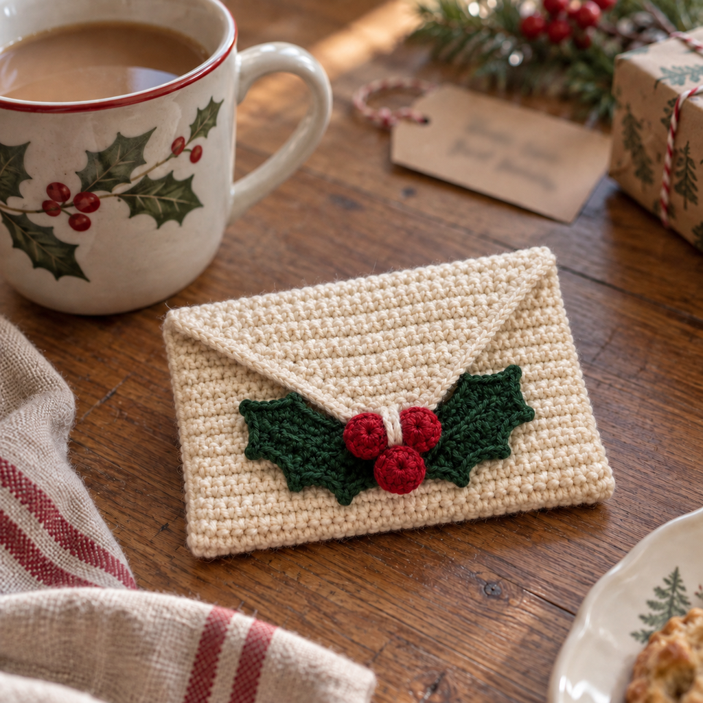 An ivory crochet envelope with green holly leaves and red berries rests on a wooden table beside a mug and a gift tag.