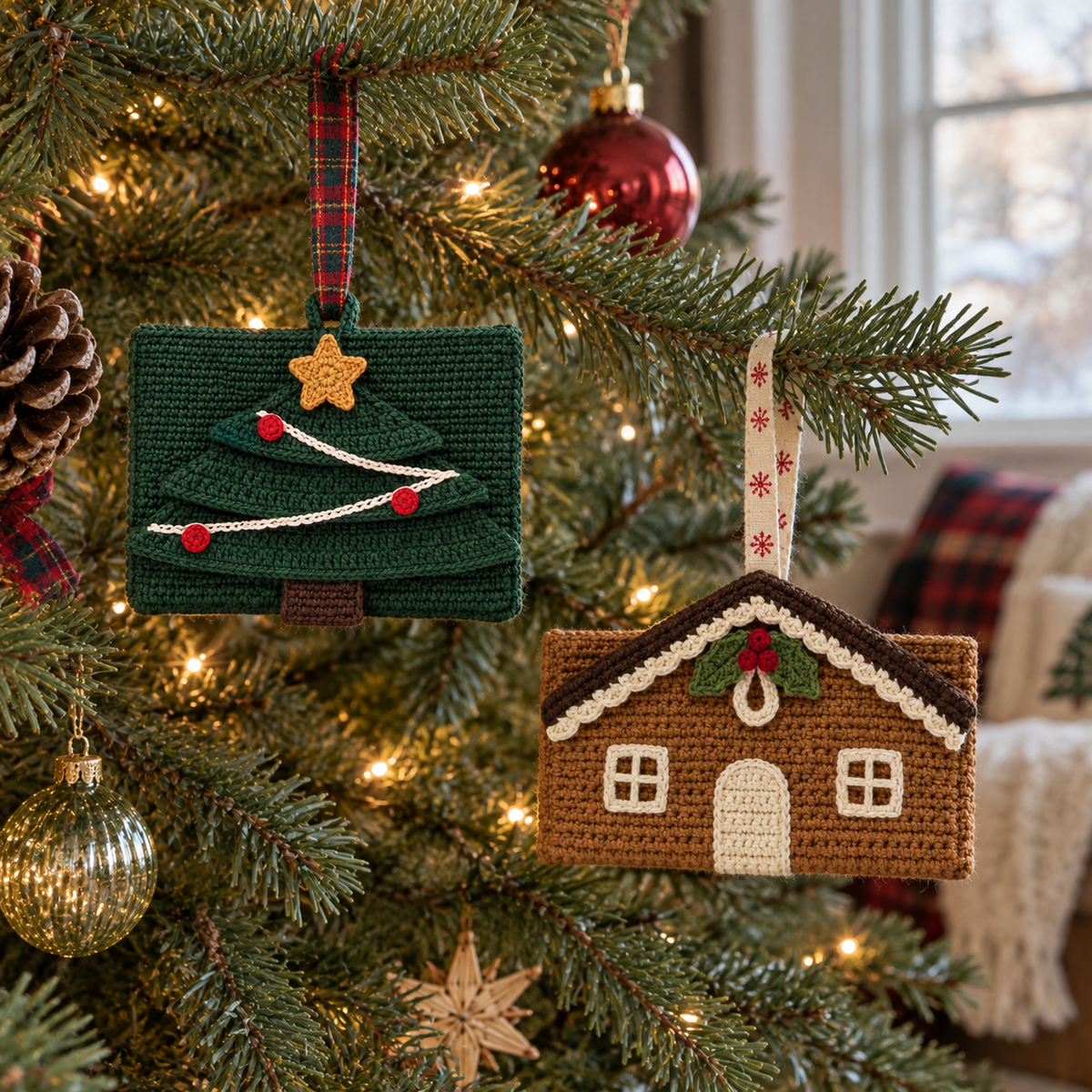 Green Christmas Tree and brown Gingerbread House crochet gift card holders hang by fabric ribbons from Christmas tree branches.