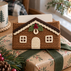 A close view of a brown Gingerbread House crochet gift card holder with cream icing, windows and a door, holding a blank card on a wrapped gift.