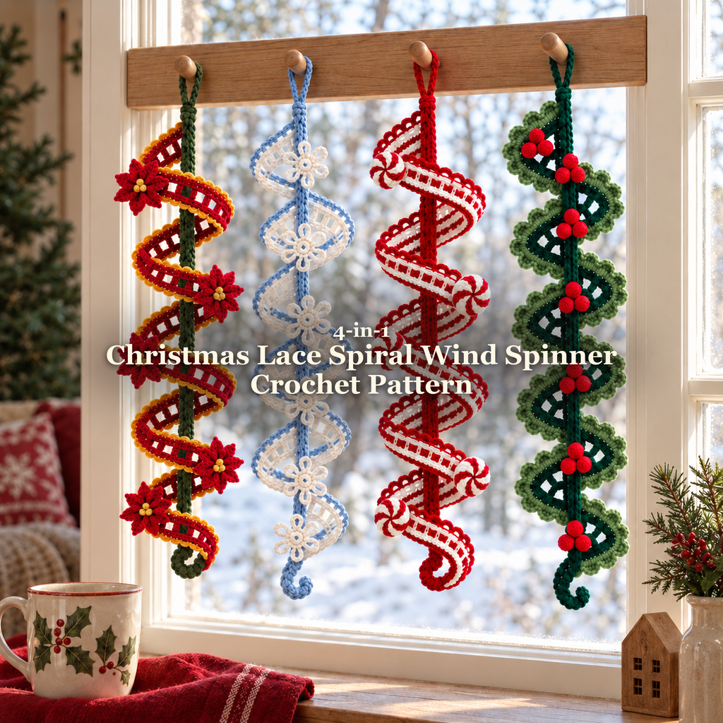 Four Christmas crochet lace spirals hanging from wooden pegs in a home window, with poinsettia, snowflake, candy cane and evergreen berry designs and the set title across the centre.