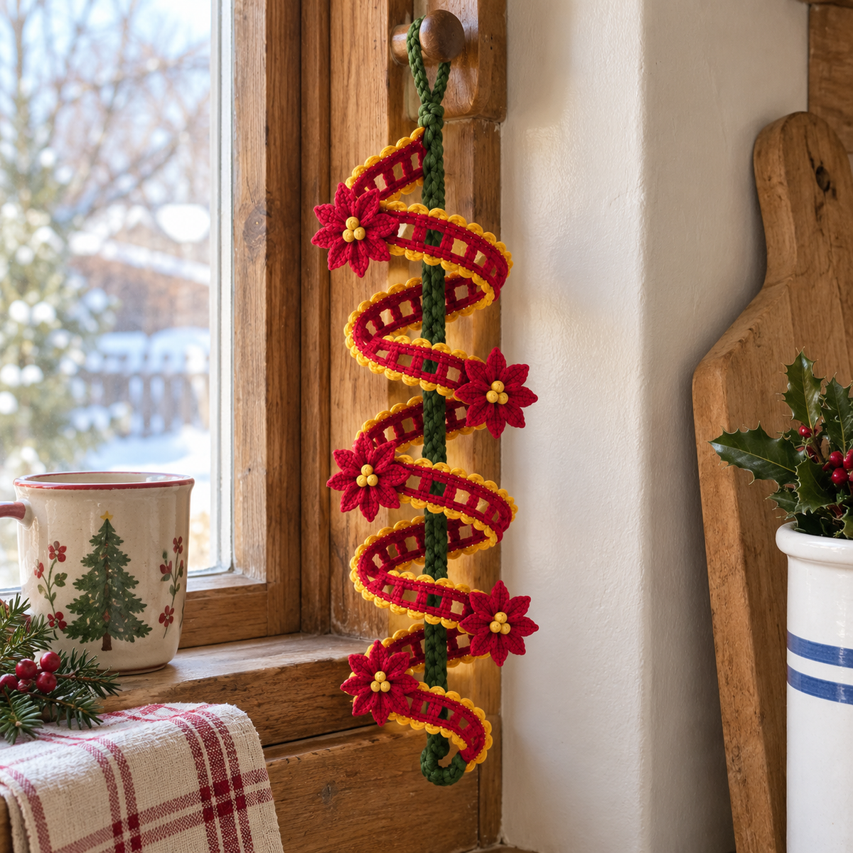 A cranberry-red crochet lace spiral with golden scalloped edging, red poinsettias and a green centre cord hanging beside a kitchen window.