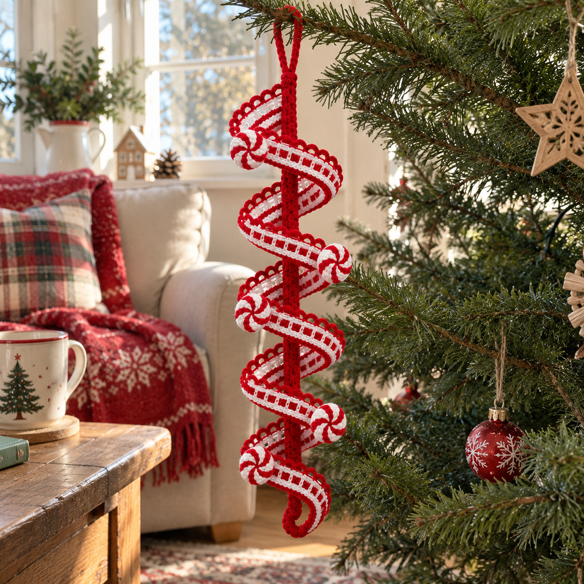 A red-and-white crochet lace spiral with peppermint pinwheel motifs hanging by its yarn loop from a Christmas tree branch.