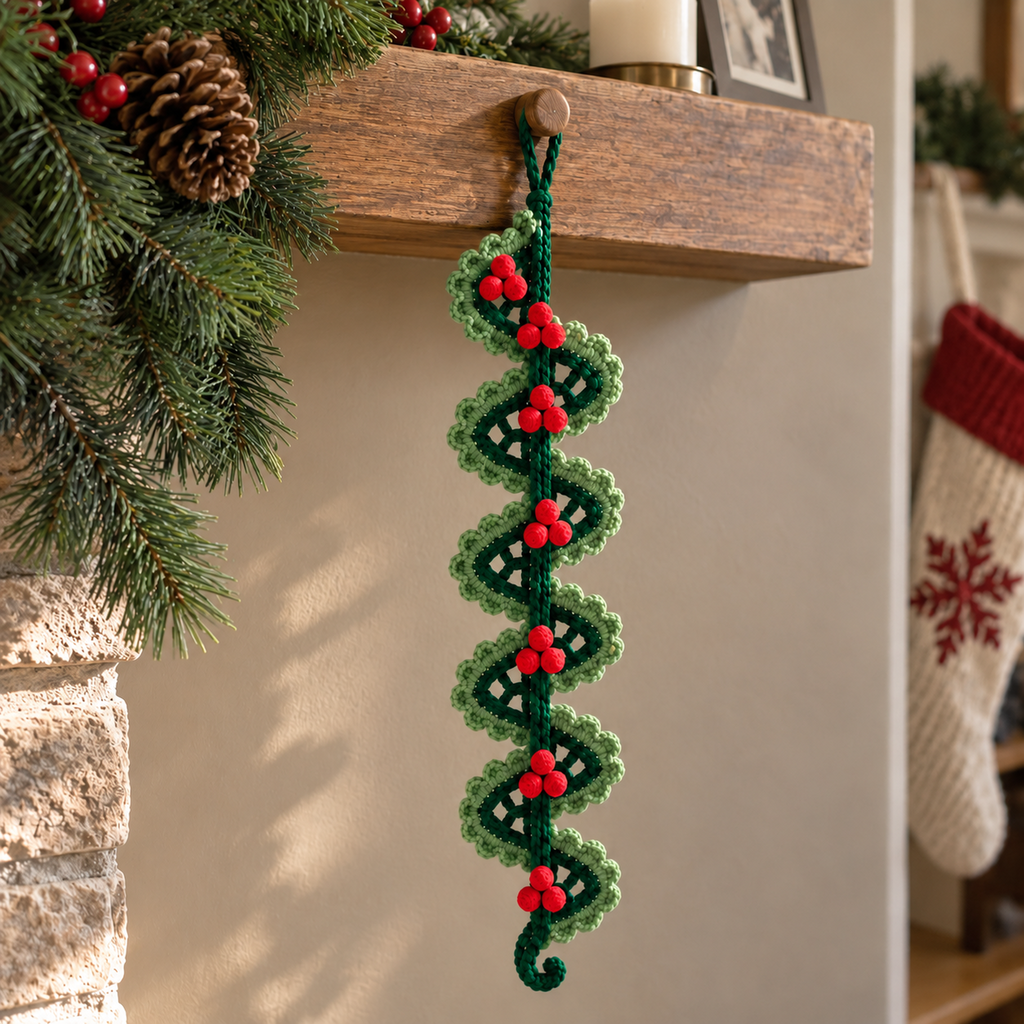 A forest-green crochet lace spiral with sage shell edging and red crochet berry clusters hanging from a wooden mantel peg.