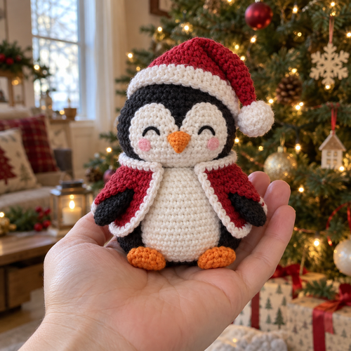 An adult hand holds a small Santa penguin wearing a red and white hat and cape in front of a lit Christmas tree.