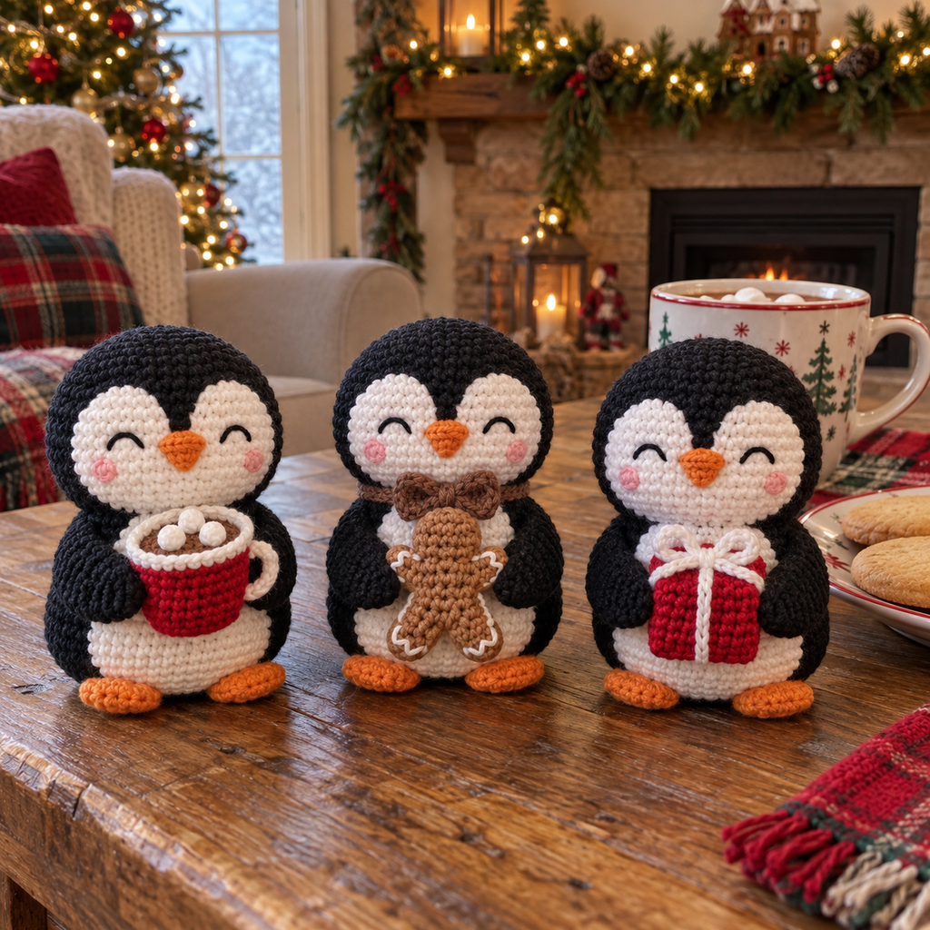 Cocoa, Gingerbread and Gift penguins sit beside a mug of cocoa and cookies; the plain reverse of the crocheted gingerbread cookie faces forward.