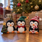 Christmas Tree, Elf and Candy Cane penguins sit beneath a lit Christmas tree among wrapped gifts.
