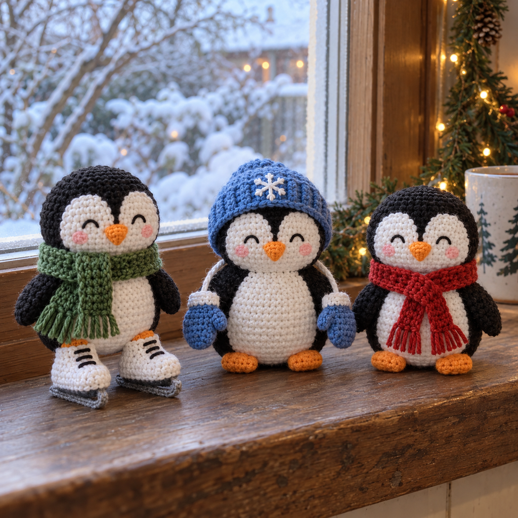 Skater, Snowflake and Classic penguins sit together on a windowsill overlooking snow.