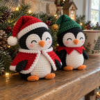 An angled close view of the Santa penguin cape, the Elf penguin yarn bell and their crochet stitches.