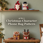 Four Christmas character crochet phone bags on a mantel and bench beneath the title 4-in-1 Christmas Character Phone Bag Pattern.