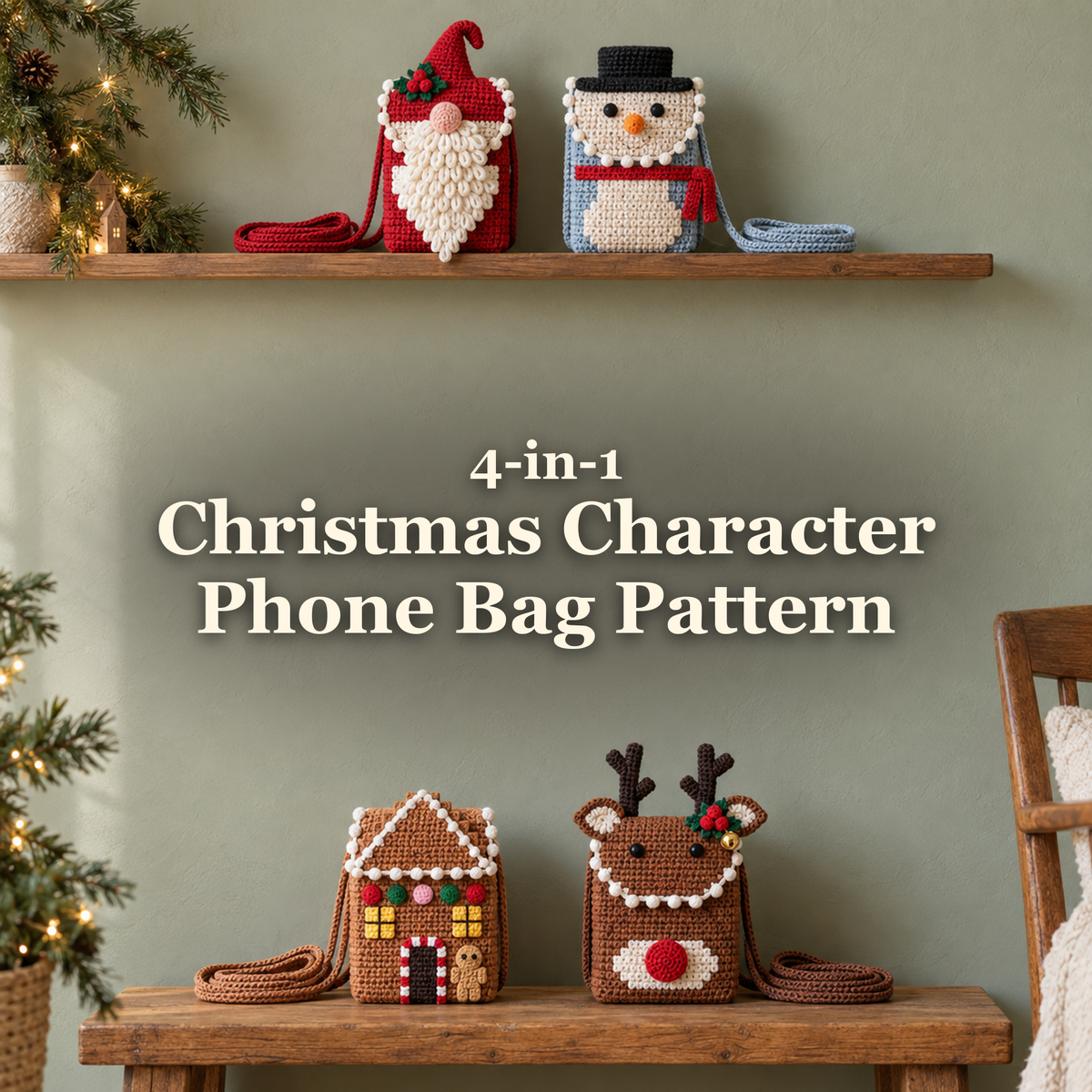 Four Christmas character crochet phone bags on a mantel and bench beneath the title 4-in-1 Christmas Character Phone Bag Pattern.