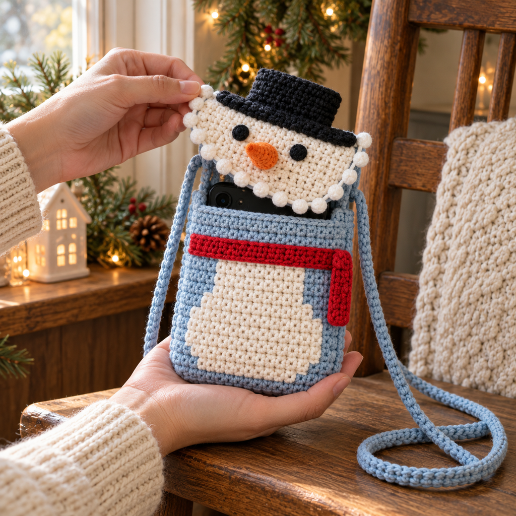 Hands hold an icy-blue snowman phone bag with its bobble-edged flap lifted and a phone peeking from the opening, beside a wooden chair.