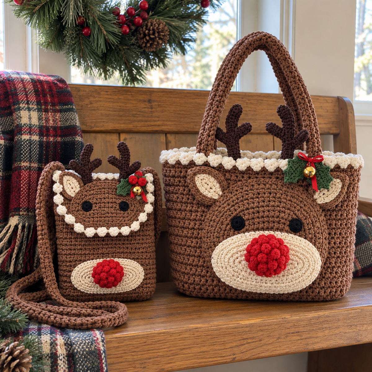Small chestnut reindeer phone bag beside its larger matching tote on a wooden hall bench, with cream muzzles, red bobble noses, holly and bells.