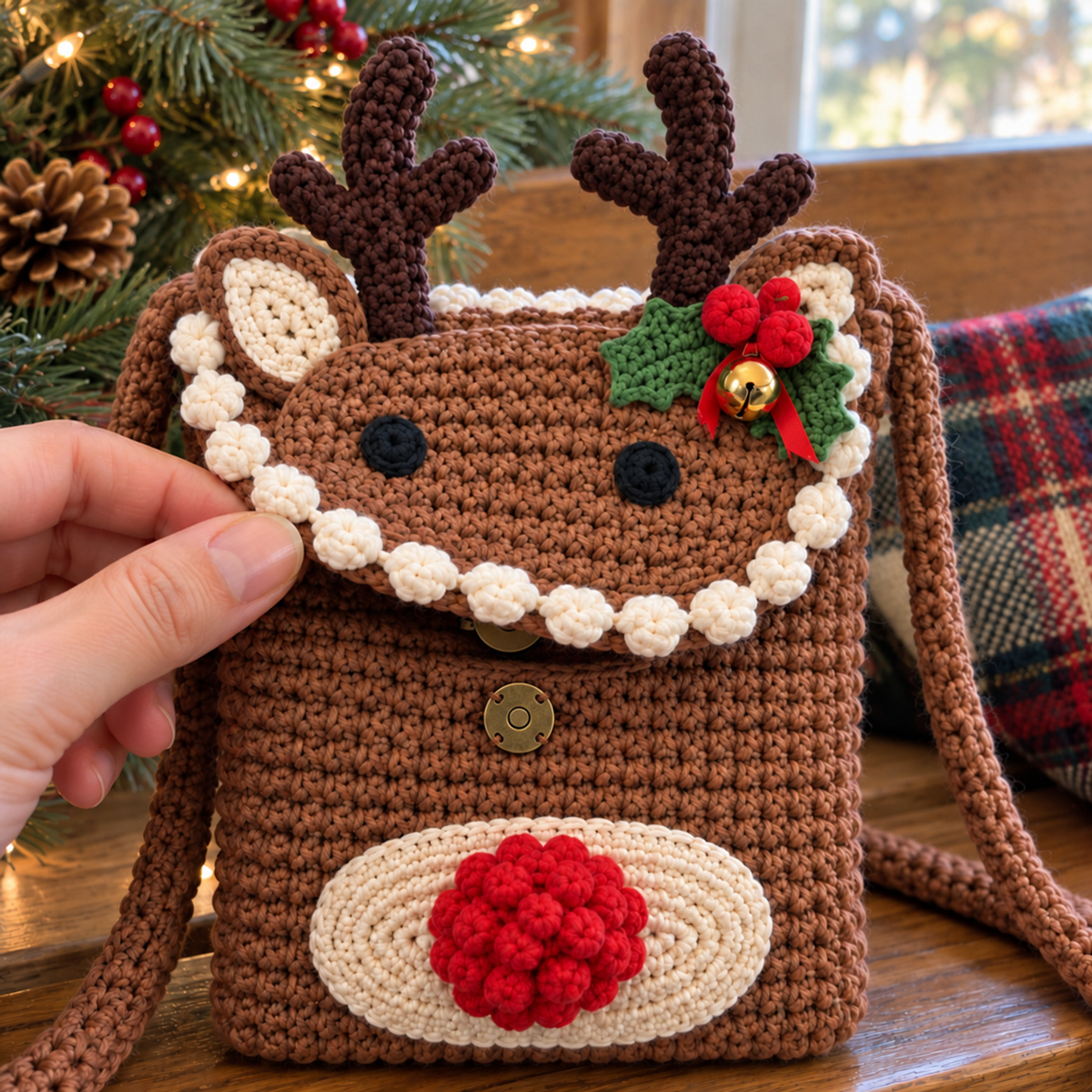 A hand lifts the white-bobble-edged reindeer phone bag flap, revealing the sewn magnetic snap, with antlers, lined ears, holly and a small gold bell above the cream muzzle and red bobble nose.