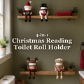 Santa, Snowman, Reindeer and Gingerbread crochet toilet roll holders reading open books on two wooden bathroom shelves, with the title 4-in-1 Christmas Reading Toilet Roll Holder.