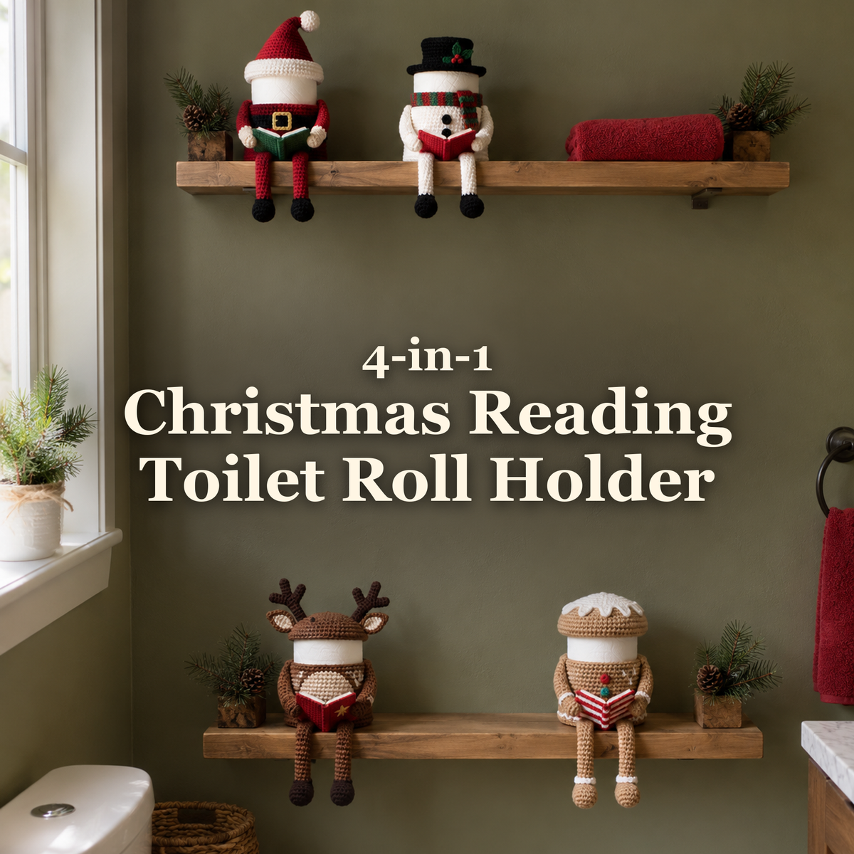 Santa, Snowman, Reindeer and Gingerbread crochet toilet roll holders reading open books on two wooden bathroom shelves, with the title 4-in-1 Christmas Reading Toilet Roll Holder.
