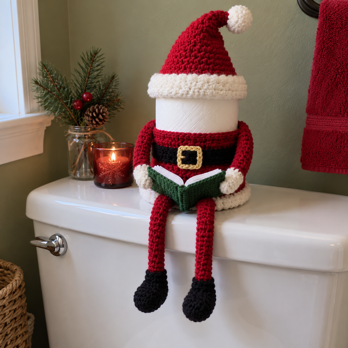Santa crochet toilet roll holder sitting on a white cistern lid, wearing a pointed red hat and holding an open green book above hanging red legs and black boots.